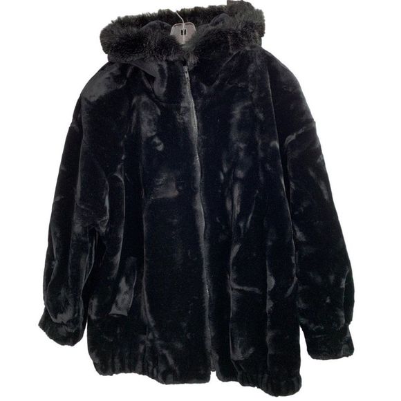 Jacobson's Vintage Faux Fur Zip Jacket Size 14 EUC Hood Black Plush Winter 6404 - Picture 1 of 10